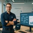 Selbstbewusster SEO-Manager vor großem Bildschirm in einem modernen, technologieorientierten Büro mit Whiteboards und Datenanalysen, im Silicon Valley-Stil