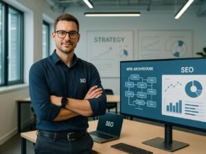 Selbstbewusster SEO-Manager vor großem Bildschirm in einem modernen, technologieorientierten Büro mit Whiteboards und Datenanalysen, im Silicon Valley-Stil
