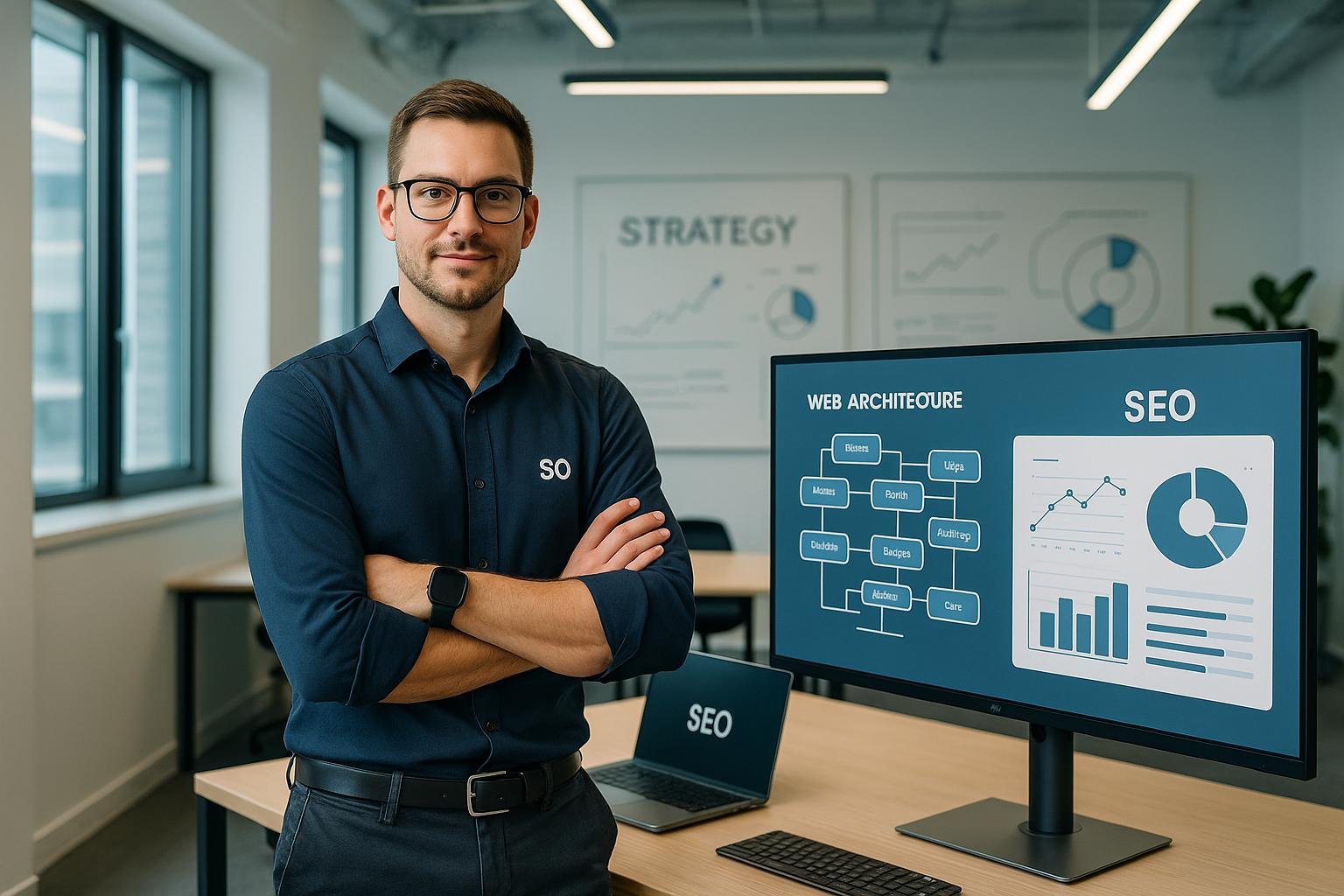 Selbstbewusster SEO-Manager vor großem Bildschirm in einem modernen, technologieorientierten Büro mit Whiteboards und Datenanalysen, im Silicon Valley-Stil