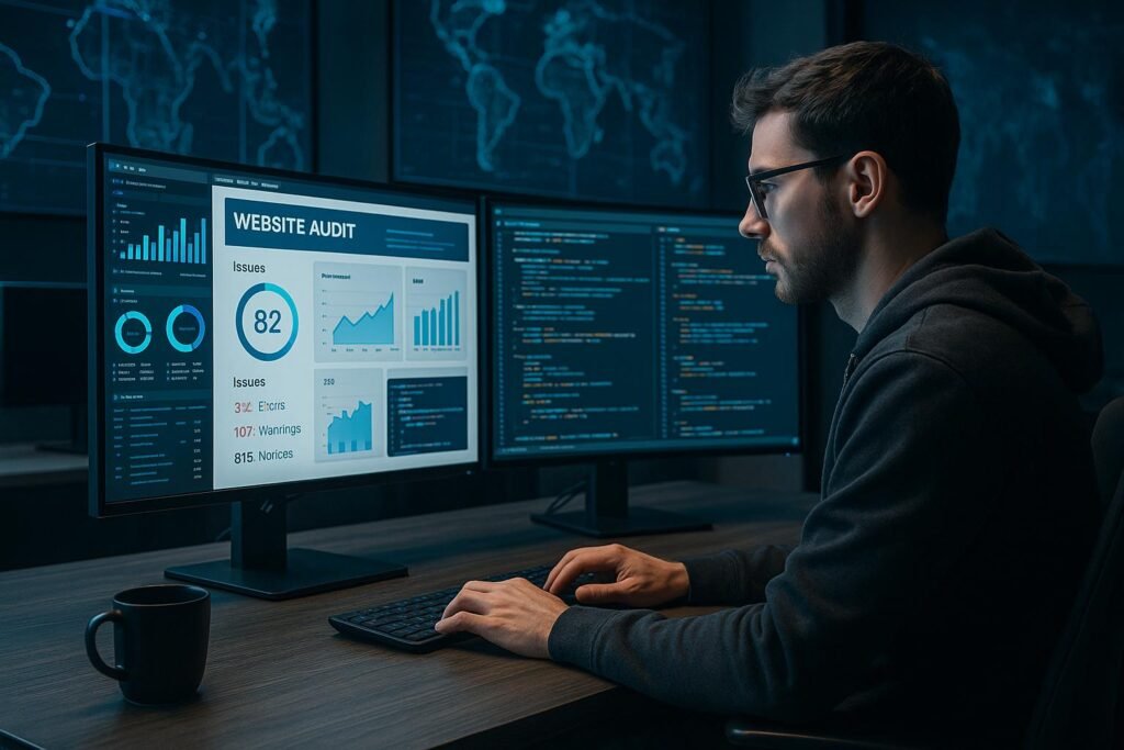Cybersecurity-Analyst bei der Arbeit an Multi-Monitor-Setup mit Website-Daten und Netzwerkdiagrammen im Hintergrund