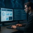 Cybersecurity-Analyst bei der Arbeit an Multi-Monitor-Setup mit Website-Daten und Netzwerkdiagrammen im Hintergrund