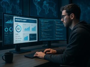 Cybersecurity-Analyst bei der Arbeit an Multi-Monitor-Setup mit Website-Daten und Netzwerkdiagrammen im Hintergrund