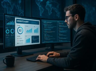 Cybersecurity-Analyst bei der Arbeit an Multi-Monitor-Setup mit Website-Daten und Netzwerkdiagrammen im Hintergrund