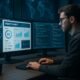 Cybersecurity-Analyst bei der Arbeit an Multi-Monitor-Setup mit Website-Daten und Netzwerkdiagrammen im Hintergrund