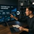 Modernes Büro- oder Studio-Setup mit großem Bildschirm, Content-Erstellungs-Equipment im Hintergrund und motivierter Person bei der Arbeit, zeigt eine Analytics-Übersicht für YouTube und SEO