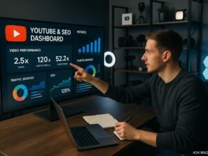 Modernes Büro- oder Studio-Setup mit großem Bildschirm, Content-Erstellungs-Equipment im Hintergrund und motivierter Person bei der Arbeit, zeigt eine Analytics-Übersicht für YouTube und SEO