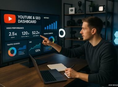 Modernes Büro- oder Studio-Setup mit großem Bildschirm, Content-Erstellungs-Equipment im Hintergrund und motivierter Person bei der Arbeit, zeigt eine Analytics-Übersicht für YouTube und SEO