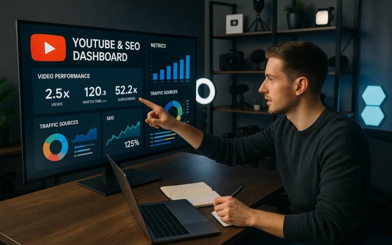 Modernes Büro- oder Studio-Setup mit großem Bildschirm, Content-Erstellungs-Equipment im Hintergrund und motivierter Person bei der Arbeit, zeigt eine Analytics-Übersicht für YouTube und SEO