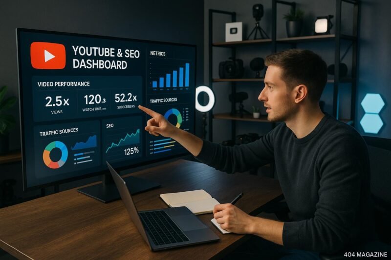 Modernes Büro- oder Studio-Setup mit großem Bildschirm, Content-Erstellungs-Equipment im Hintergrund und motivierter Person bei der Arbeit, zeigt eine Analytics-Übersicht für YouTube und SEO