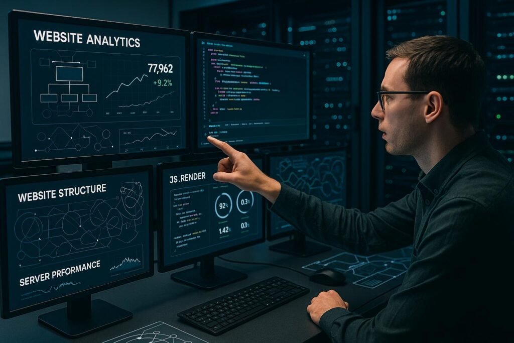 Moderner High-Tech-Arbeitsplatz mit Monitoren, Datenanalysen, Code, Netzwerkdiagrammen und einem Serverraum im Hintergrund. Credit: 404 Magazine (Tobias Hager)