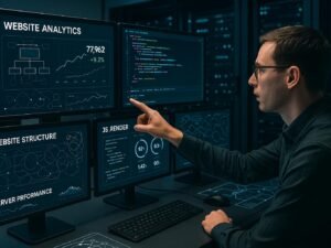 Moderner High-Tech-Arbeitsplatz mit Monitoren, Datenanalysen, Code, Netzwerkdiagrammen und einem Serverraum im Hintergrund. Credit: 404 Magazine (Tobias Hager)