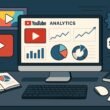 Moderner Arbeitsplatz mit Computermonitor, der YouTube-Analysen und SEO-Daten zeigt, umgeben von Tools wie Tastatur, Maus und Diagrammen