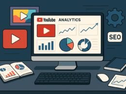 Moderner Arbeitsplatz mit Computermonitor, der YouTube-Analysen und SEO-Daten zeigt, umgeben von Tools wie Tastatur, Maus und Diagrammen