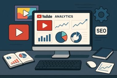 Moderner Arbeitsplatz mit Computermonitor, der YouTube-Analysen und SEO-Daten zeigt, umgeben von Tools wie Tastatur, Maus und Diagrammen