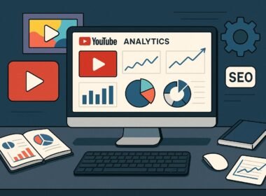 Moderner Arbeitsplatz mit Computermonitor, der YouTube-Analysen und SEO-Daten zeigt, umgeben von Tools wie Tastatur, Maus und Diagrammen