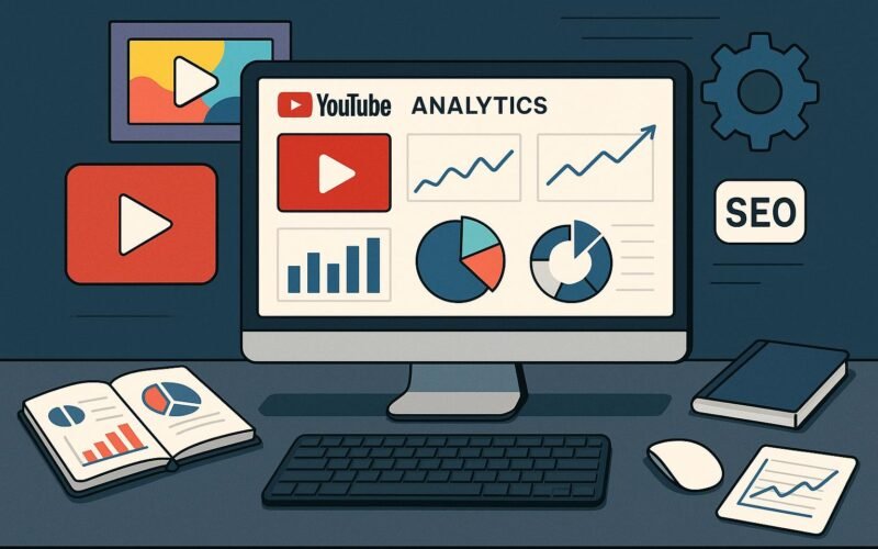 Moderner Arbeitsplatz mit Computermonitor, der YouTube-Analysen und SEO-Daten zeigt, umgeben von Tools wie Tastatur, Maus und Diagrammen