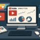 Moderner Arbeitsplatz mit Computermonitor, der YouTube-Analysen und SEO-Daten zeigt, umgeben von Tools wie Tastatur, Maus und Diagrammen