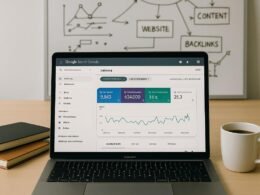 Arbeitsplatz mit Laptop, Notizbüchern und Whiteboard mit SEO-Skizzen, dargestellt auf einer modernen Arbeitsfläche