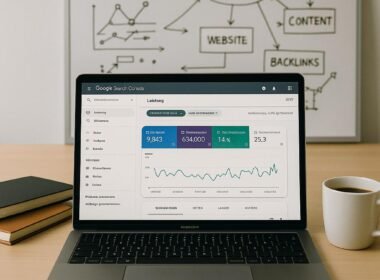 Arbeitsplatz mit Laptop, Notizbüchern und Whiteboard mit SEO-Skizzen, dargestellt auf einer modernen Arbeitsfläche