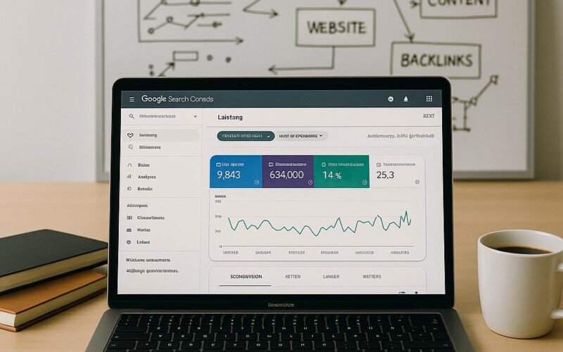 Arbeitsplatz mit Laptop, Notizbüchern und Whiteboard mit SEO-Skizzen, dargestellt auf einer modernen Arbeitsfläche