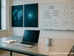 Moderner Arbeitsplatz in hellem Büro mit Laptop, Notizblock, Whiteboards, Digitalmaps und Infografiken, die Vernetzung und Technik thematisieren.