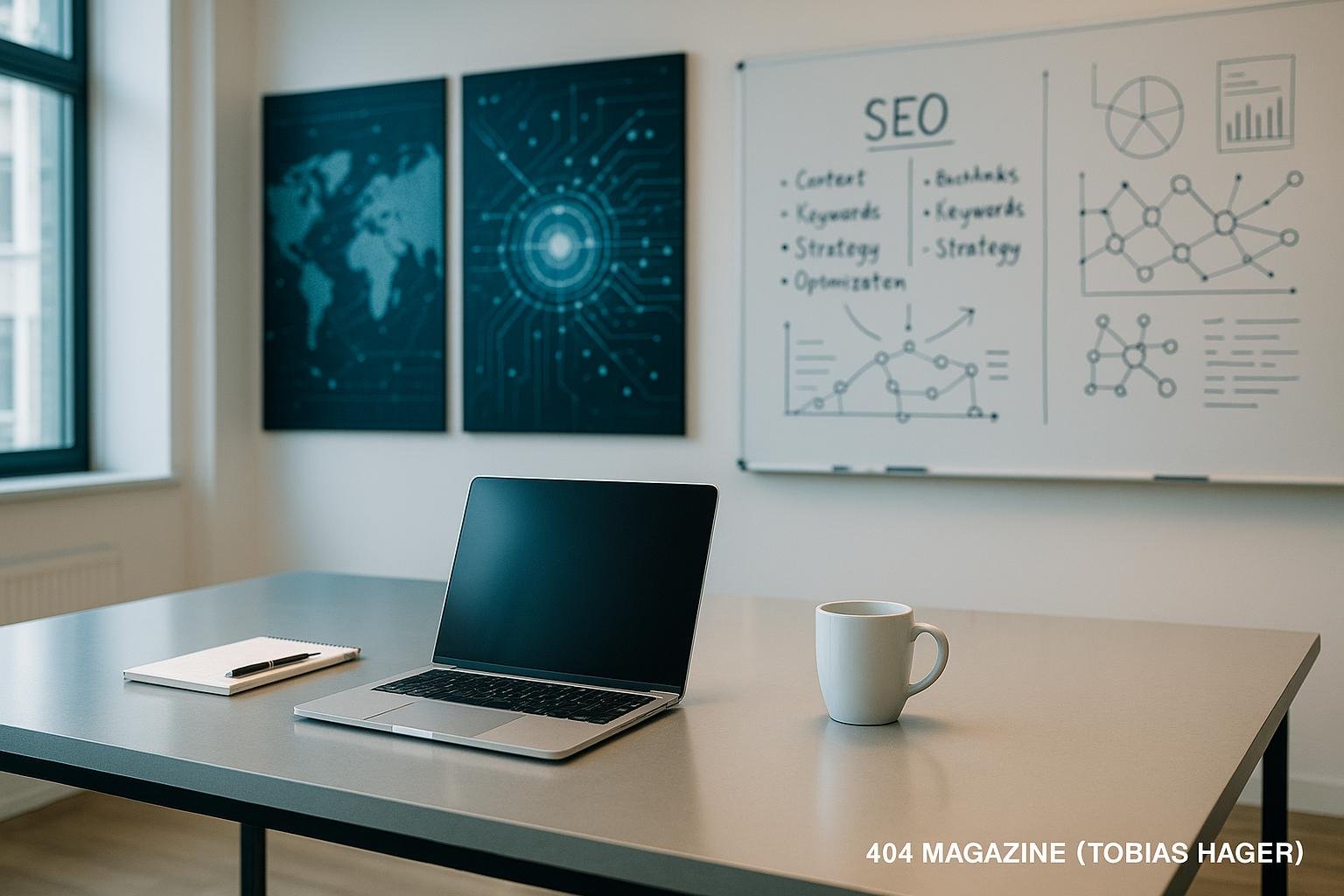 Moderner Arbeitsplatz in hellem Büro mit Laptop, Notizblock, Whiteboards, Digitalmaps und Infografiken, die Vernetzung und Technik thematisieren.