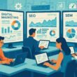 Moderner, technischer Arbeitsraum mit Bildschirmen, Personen bei Keyword-Analyse und Kampagnenoptimierung, Server-Racks im Hintergrund, helles und klares Design