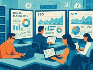 Moderner, technischer Arbeitsraum mit Bildschirmen, Personen bei Keyword-Analyse und Kampagnenoptimierung, Server-Racks im Hintergrund, helles und klares Design