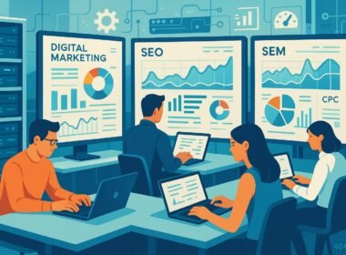 Moderner, technischer Arbeitsraum mit Bildschirmen, Personen bei Keyword-Analyse und Kampagnenoptimierung, Server-Racks im Hintergrund, helles und klares Design