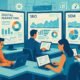 Moderner, technischer Arbeitsraum mit Bildschirmen, Personen bei Keyword-Analyse und Kampagnenoptimierung, Server-Racks im Hintergrund, helles und klares Design