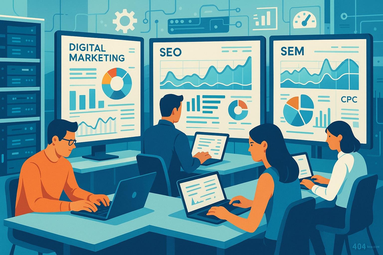 Moderner, technischer Arbeitsraum mit Bildschirmen, Personen bei Keyword-Analyse und Kampagnenoptimierung, Server-Racks im Hintergrund, helles und klares Design