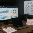 Arbeitszimmer mit großem Bildschirm, Laptop, Notizbüchern, Whiteboard mit SEO-Skizzen, Server-Racks im Hintergrund, symbolisiert technisches Know-how.