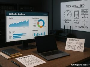 Arbeitszimmer mit großem Bildschirm, Laptop, Notizbüchern, Whiteboard mit SEO-Skizzen, Server-Racks im Hintergrund, symbolisiert technisches Know-how.