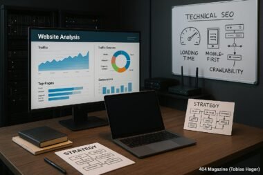 Arbeitszimmer mit großem Bildschirm, Laptop, Notizbüchern, Whiteboard mit SEO-Skizzen, Server-Racks im Hintergrund, symbolisiert technisches Know-how.