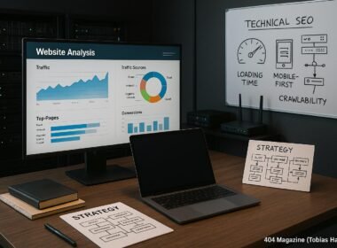 Arbeitszimmer mit großem Bildschirm, Laptop, Notizbüchern, Whiteboard mit SEO-Skizzen, Server-Racks im Hintergrund, symbolisiert technisches Know-how.