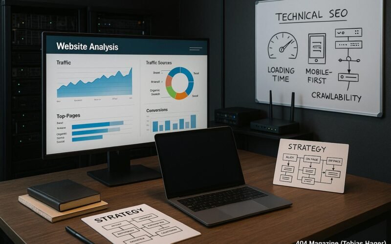 Arbeitszimmer mit großem Bildschirm, Laptop, Notizbüchern, Whiteboard mit SEO-Skizzen, Server-Racks im Hintergrund, symbolisiert technisches Know-how.