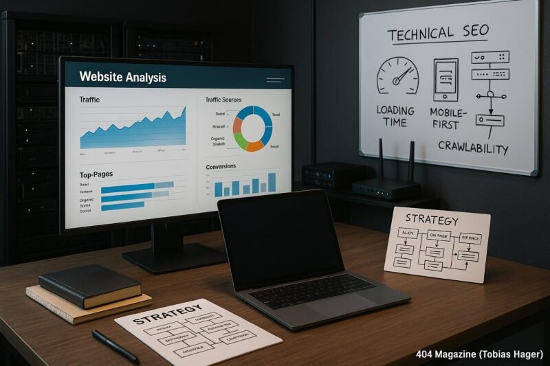 Arbeitszimmer mit großem Bildschirm, Laptop, Notizbüchern, Whiteboard mit SEO-Skizzen, Server-Racks im Hintergrund, symbolisiert technisches Know-how.