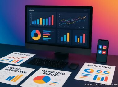 Moderner digitaler Arbeitsplatz mit großem Monitor, bunten Analytics-Dashboards, gedrucktem Marketingmaterial, Smartphone mit Social Media Icons und minimalistischer Hintergrund, betont digitale Strategie und Innovation.