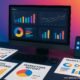 Moderner digitaler Arbeitsplatz mit großem Monitor, bunten Analytics-Dashboards, gedrucktem Marketingmaterial, Smartphone mit Social Media Icons und minimalistischer Hintergrund, betont digitale Strategie und Innovation.