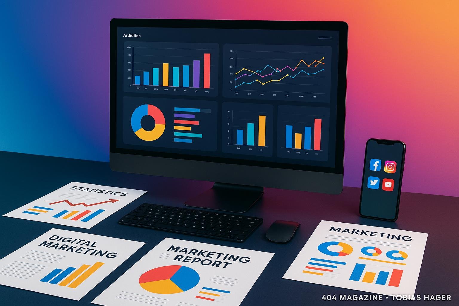 Moderner digitaler Arbeitsplatz mit großem Monitor, bunten Analytics-Dashboards, gedrucktem Marketingmaterial, Smartphone mit Social Media Icons und minimalistischer Hintergrund, betont digitale Strategie und Innovation.