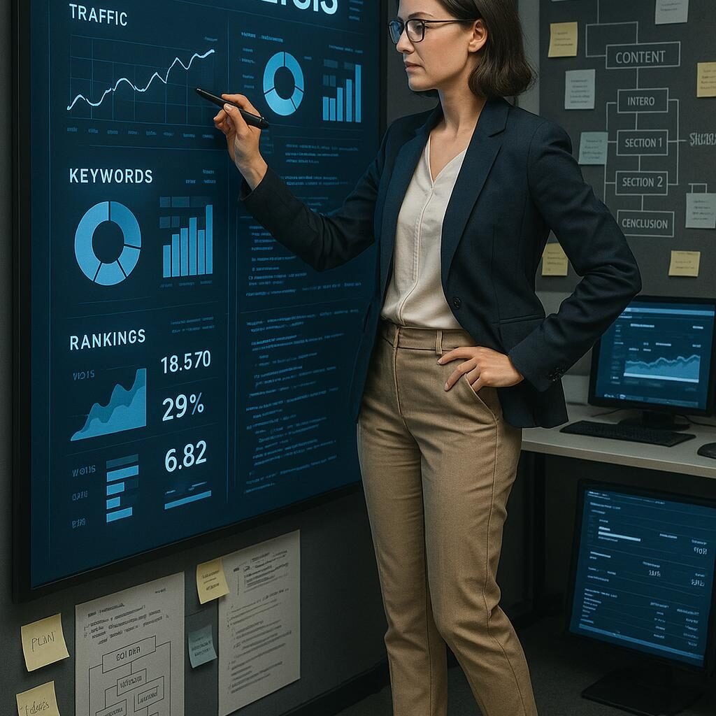 Professionelle Frau in Business-Outfit analysiert digitale SEO-Daten und Diagramme vor einer großen Tafel, im Hintergrund Projektboards und Computerbildschirme