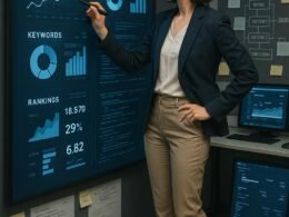 Professionelle Frau in Business-Outfit analysiert digitale SEO-Daten und Diagramme vor einer großen Tafel, im Hintergrund Projektboards und Computerbildschirme