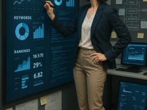 Professionelle Frau in Business-Outfit analysiert digitale SEO-Daten und Diagramme vor einer großen Tafel, im Hintergrund Projektboards und Computerbildschirme