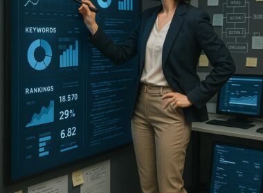 Professionelle Frau in Business-Outfit analysiert digitale SEO-Daten und Diagramme vor einer großen Tafel, im Hintergrund Projektboards und Computerbildschirme