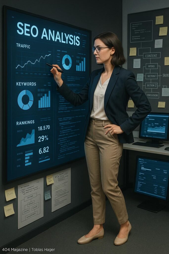 Professionelle Frau in Business-Outfit analysiert digitale SEO-Daten und Diagramme vor einer großen Tafel, im Hintergrund Projektboards und Computerbildschirme