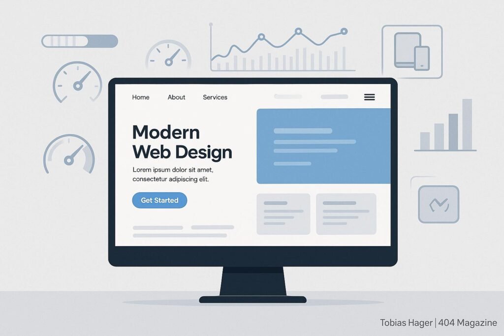 Moderne responsive Website auf großem Bildschirm mit übersichtlicher Navigation und Performance-Diagrammen, hinterlegt mit Icons und Ladebalken