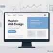 Moderne responsive Website auf großem Bildschirm mit übersichtlicher Navigation und Performance-Diagrammen, hinterlegt mit Icons und Ladebalken