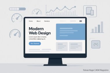 Moderne responsive Website auf großem Bildschirm mit übersichtlicher Navigation und Performance-Diagrammen, hinterlegt mit Icons und Ladebalken