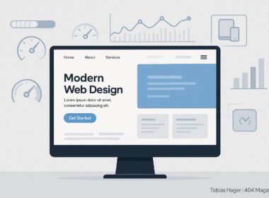 Moderne responsive Website auf großem Bildschirm mit übersichtlicher Navigation und Performance-Diagrammen, hinterlegt mit Icons und Ladebalken