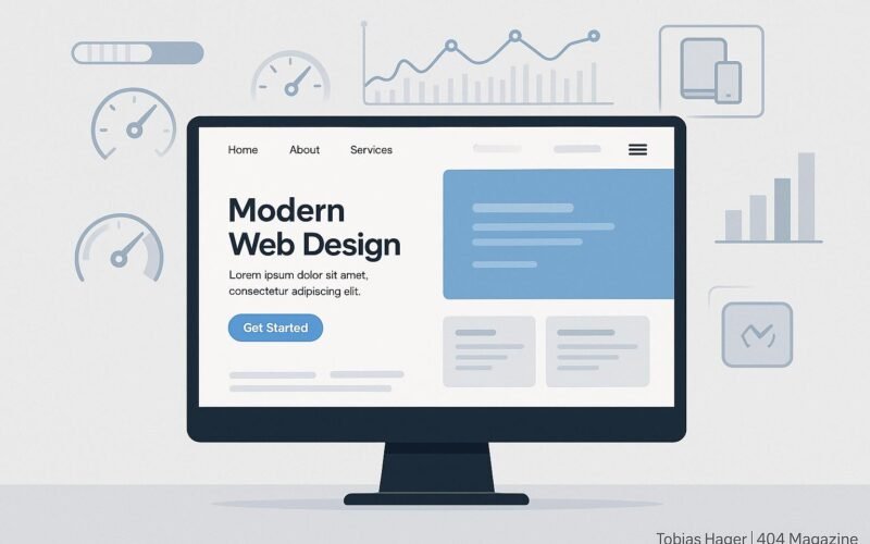 Moderne responsive Website auf großem Bildschirm mit übersichtlicher Navigation und Performance-Diagrammen, hinterlegt mit Icons und Ladebalken